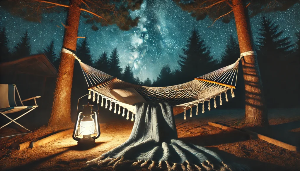 An outdoor night setting with a hammock tied between two trees under a clear starry sky. A warm blanket is draped over the hammock, and a lantern emits a soft glow nearby, creating a tranquil and serene atmosphere perfect for relaxation and sleep.