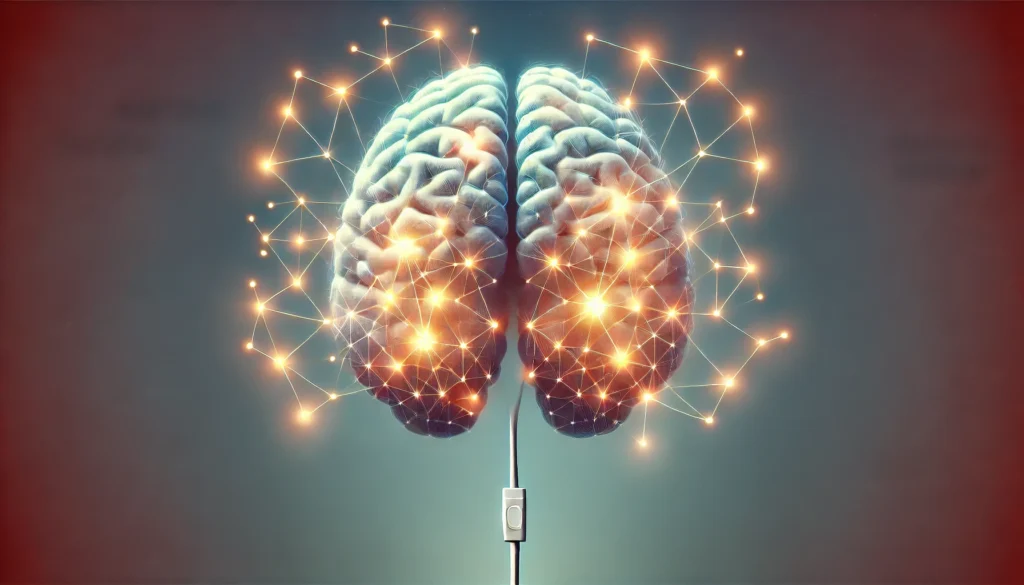 Illustration of the brain's arousal systems, including the hypothalamus, thalamus, and brainstem, depicted as interconnected glowing nodes. The image highlights overactivity in these regions, symbolizing difficulties in transitioning from wakefulness to sleep, with a gradient background representing the shift between night and day.