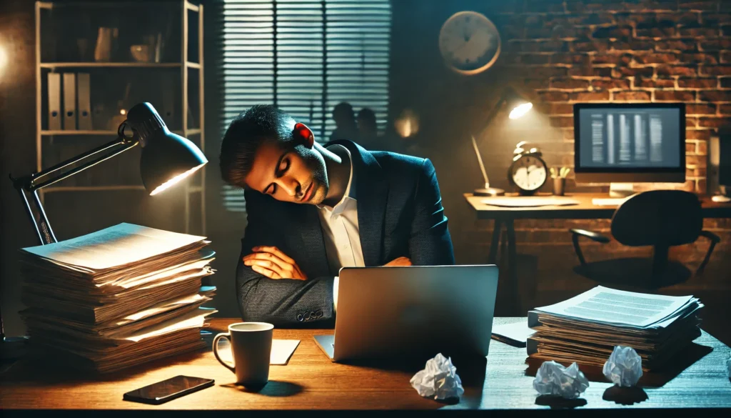 A late-night office setting featuring an exhausted professional resting their head on their desk, surrounded by paperwork and an open laptop. The dim lighting and coffee cup suggest prolonged work hours and sleep deprivation.