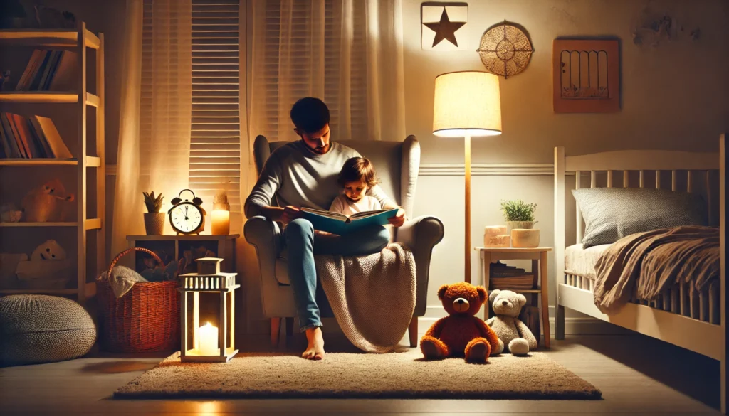 A warm bedtime scene where a parent reads a storybook to a child seated on a soft chair, surrounded by a night lamp, a small blanket, and plush toys. The cozy environment fosters relaxation and bonding before sleep.