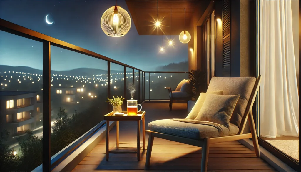 A peaceful balcony scene at night featuring a comfortable lounge chair with soft cushions, a small side table holding a steaming cup of herbal tea, and soft ambient lighting from a hanging lantern, overlooking a quiet cityscape with twinkling lights.