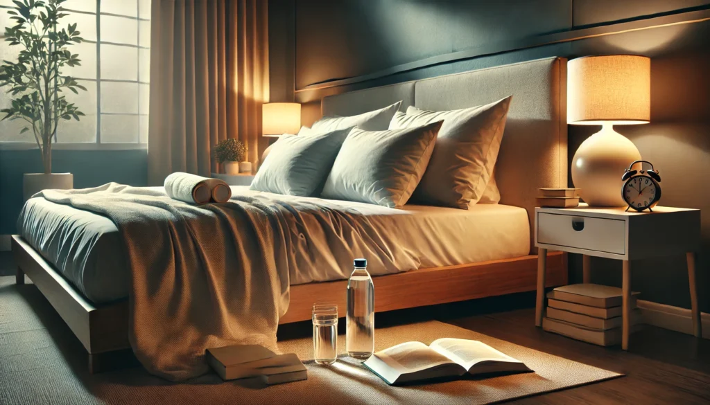 A tranquil bedroom set up for optimal sleep after a workout, featuring a neatly made bed, soft pillows, and dim lighting. A water bottle and book on the nightstand signal a relaxing nighttime routine.