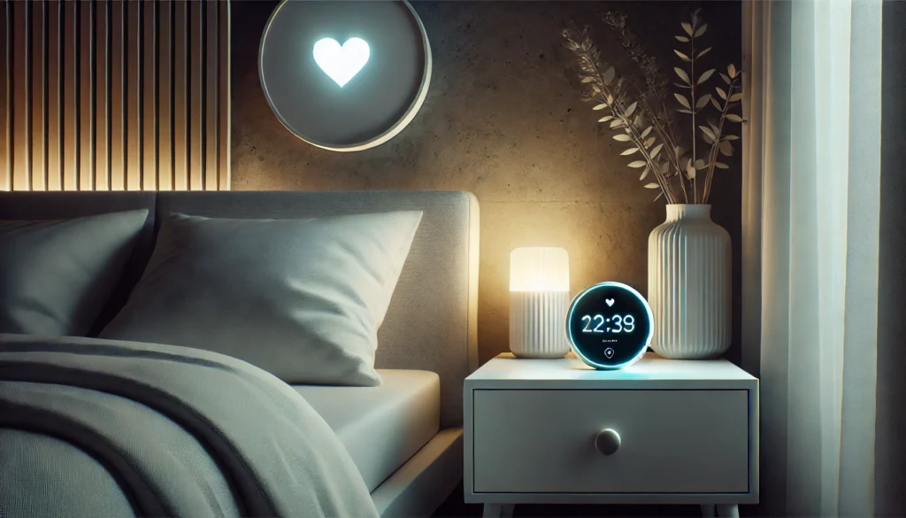 A serene bedroom at night featuring a glowing smart sleep tracking device on a nightstand, a minimalist clock with a heart symbol at its center on the wall, soft ambient lighting, and a neatly arranged bed. The scene emphasizes a tranquil and modern wellness atmosphere without any logos or branding elements.