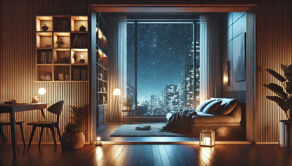 A peaceful nighttime scene of a modern city apartment featuring a large window showcasing a starlit sky. The cozy living space is dimly lit with a soft lamp, complemented by a plush couch, books, and a warm throw blanket, creating a tranquil atmosphere perfect for relaxing before bedtime.