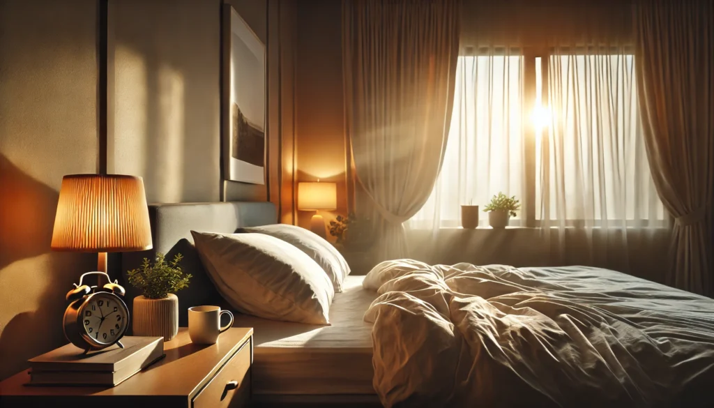 A serene bedroom at dawn with soft natural light filtering through curtains onto a neatly made bed. A bedside table holds a small plant, a cup, and a warm lamp, creating a tranquil morning atmosphere.