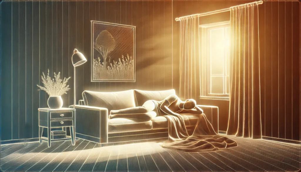 An artistic depiction of a person resting peacefully on a sofa in a softly lit room, with a blanket and sunlight streaming gently through the curtains. The atmosphere conveys tranquility and relaxation during a daytime nap.