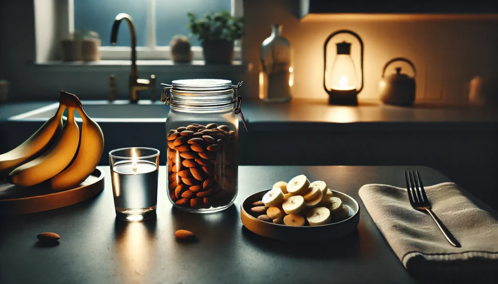 A calming nighttime kitchen counter featuring a glass jar of almonds, a plate of sliced bananas, and a softly lit ambient light, creating a serene and minimalist vibe.