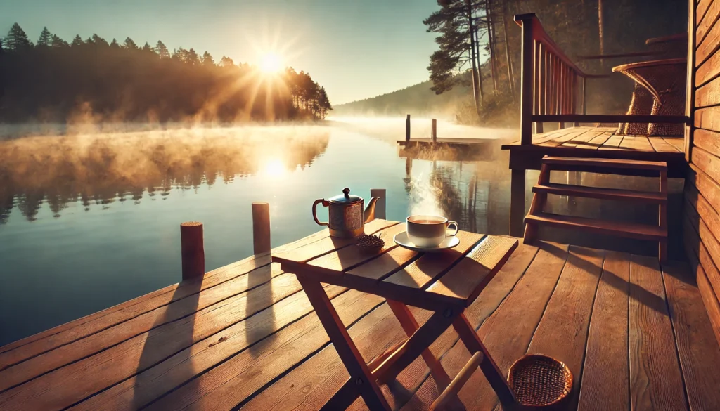 A tranquil outdoor morning scene with a wooden deck overlooking a calm lake, featuring a steaming cup of tea on a small table and soft sunlight reflecting off the water, symbolizing a peaceful start to the day.