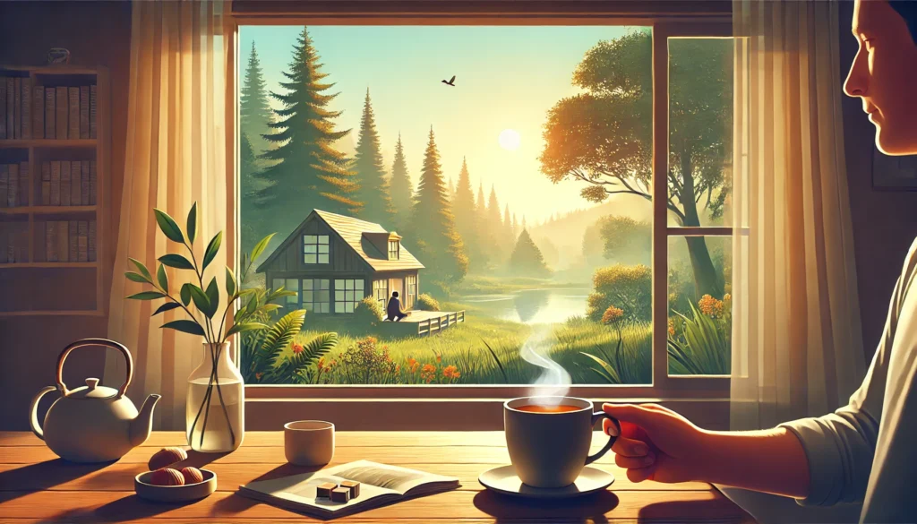 A serene morning scene of a person holding a steaming cup of tea by a large window, overlooking a tranquil garden, evoking calmness and the promise of a fresh start.