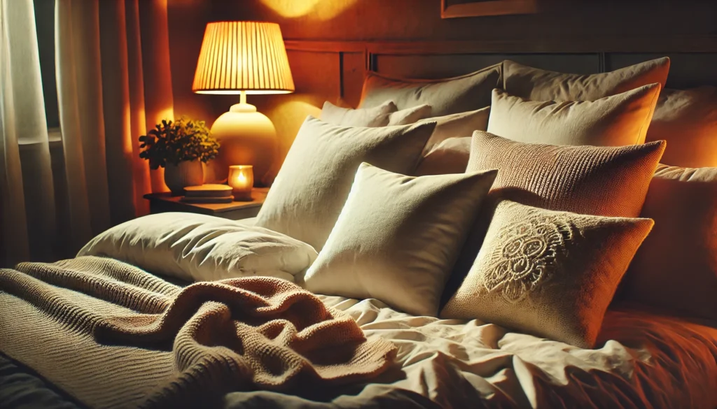 A calming nighttime scene with a neatly made bed, soft pillows, and a cozy blanket. Warm ambient lighting, a bedside lamp, and a small plant contribute to a relaxing environment ideal for restful sleep.