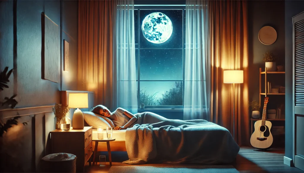 A tranquil nighttime setting with a person peacefully sleeping in a cozy bed, surrounded by a calming environment with soft lighting, a warm bedside lamp, and moonlight streaming through partially drawn curtains.