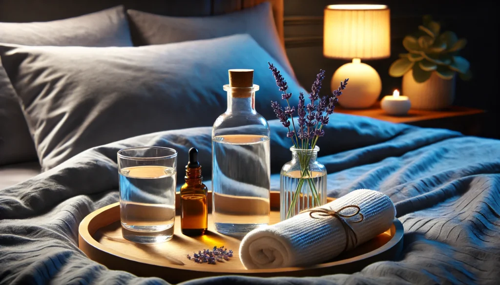 A serene bedside arrangement featuring a clear glass bottle of sleeping liquid, a glass of water, and a sprig of lavender on a wooden tray. The background includes soft pillows and a glowing bedside lamp, creating a calming and text-free nighttime ambiance.