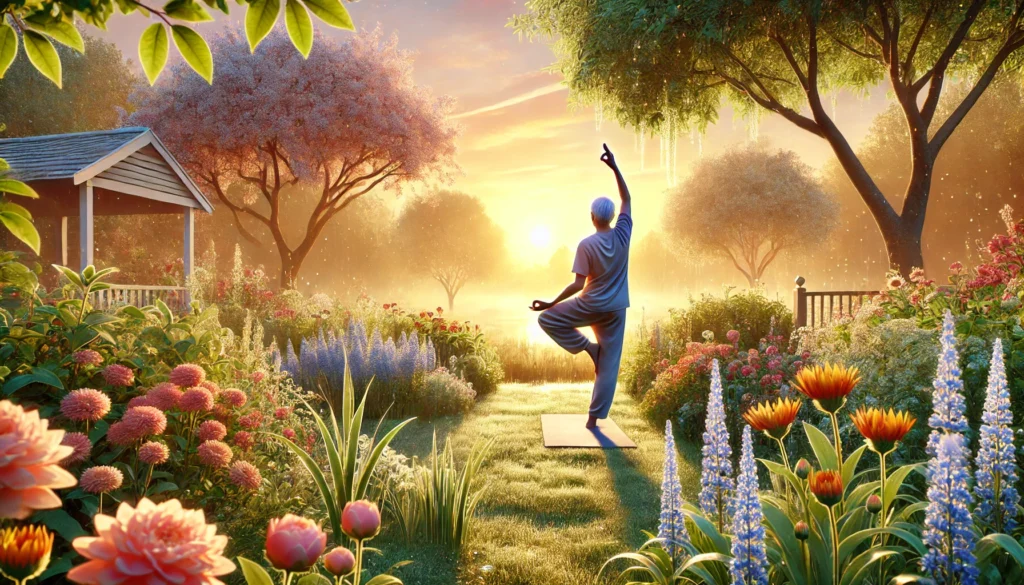 A serene outdoor scene of an older adult practicing yoga at sunrise in a vibrant garden, surrounded by blooming flowers and morning dew, representing a healthy and mindful wake-up routine.