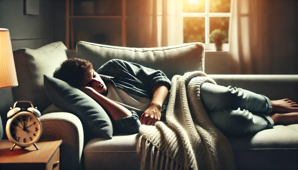 A person taking a short power nap on a comfortable couch in a softly lit living room. A relaxed posture, blanket, and peaceful atmosphere emphasize the benefits of napping for managing sleep deprivation.