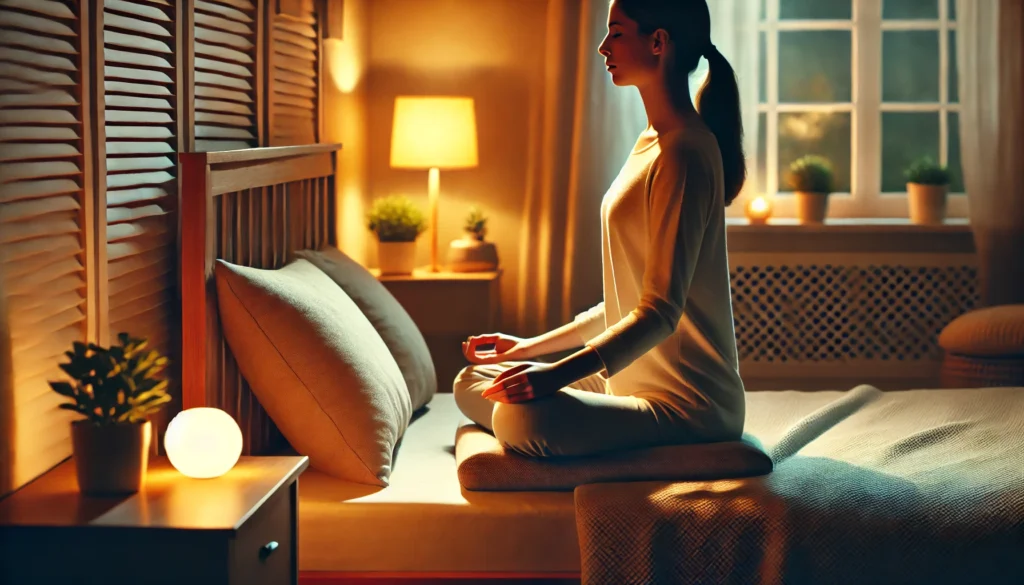 A person practicing relaxation techniques before bed, sitting on a meditation cushion in a softly lit bedroom. The warm glow from a lamp and cozy atmosphere promote mindfulness and a sleep-friendly nighttime routine.