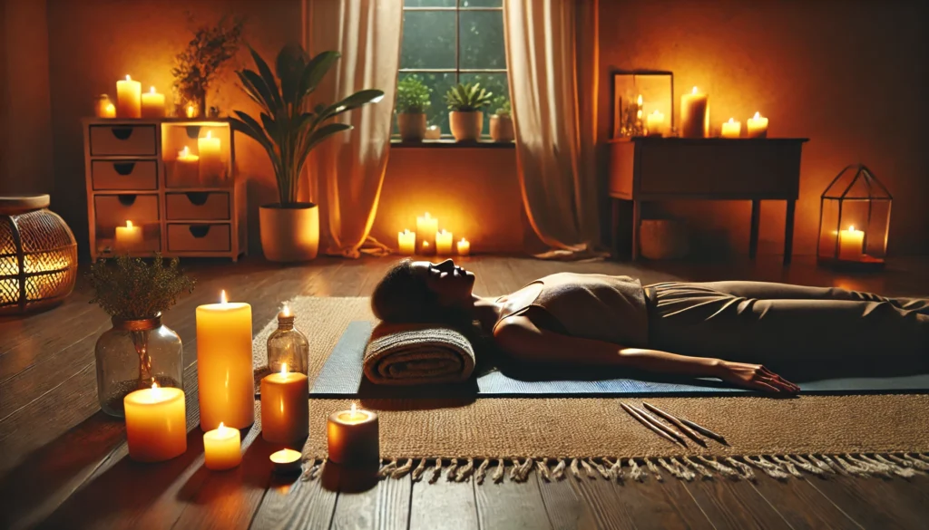 A serene room with a person lying on a yoga mat practicing progressive muscle relaxation. The setting includes candles with a warm glow, dim ambient lighting, a soft rug, and earthy-toned decor, creating a tranquil environment conducive to relaxation and restful sleep.