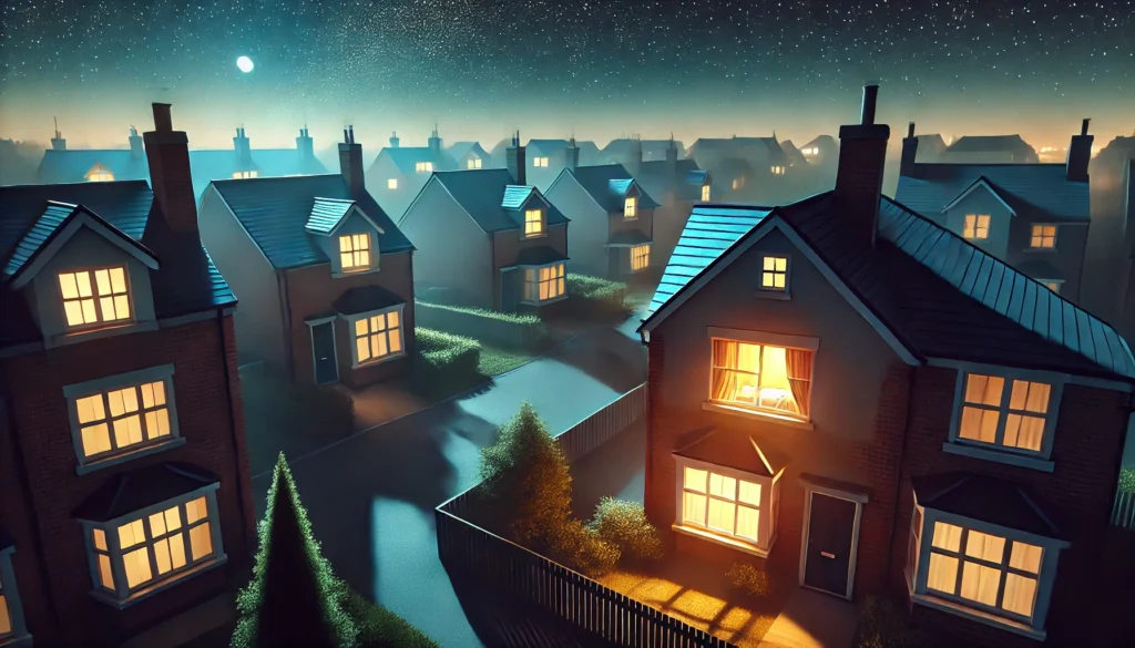 A tranquil nighttime scene of a suburban neighborhood under a clear, starry sky. Dimly lit houses are surrounded by softly glowing streetlamps and swaying tree shadows, with one house showing a warm, glowing bedroom window, suggesting a cozy and peaceful evening.