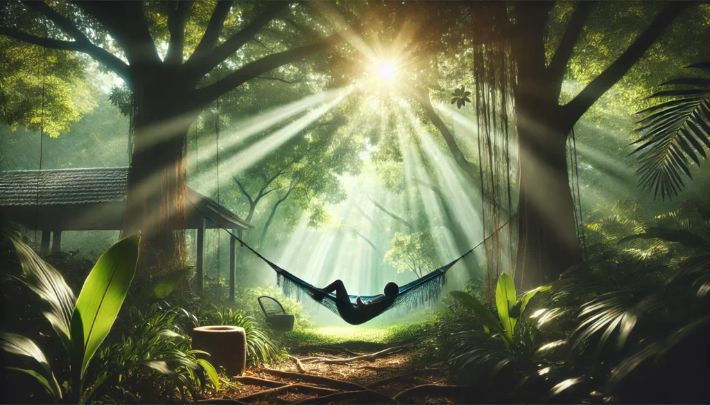 A tranquil outdoor scene with a person reclining in a hammock beneath a canopy of trees, surrounded by dappled sunlight, representing calmness and the restorative benefits of sleep hypnosis.