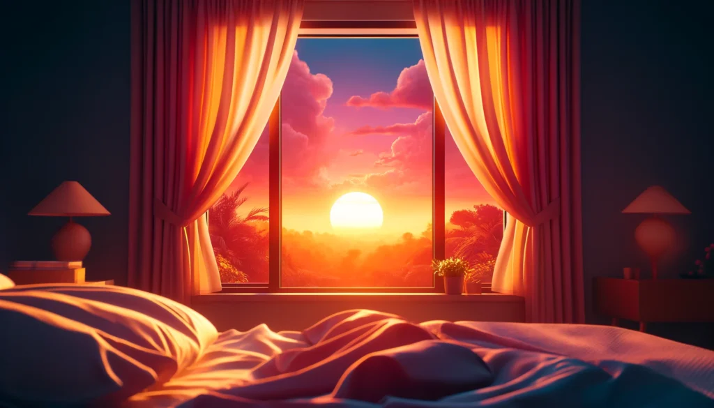 A serene sunrise view from a bedroom window with warm orange and pink hues, partially opened curtains, and a cozy bed, symbolizing rejuvenation after a good night's sleep.