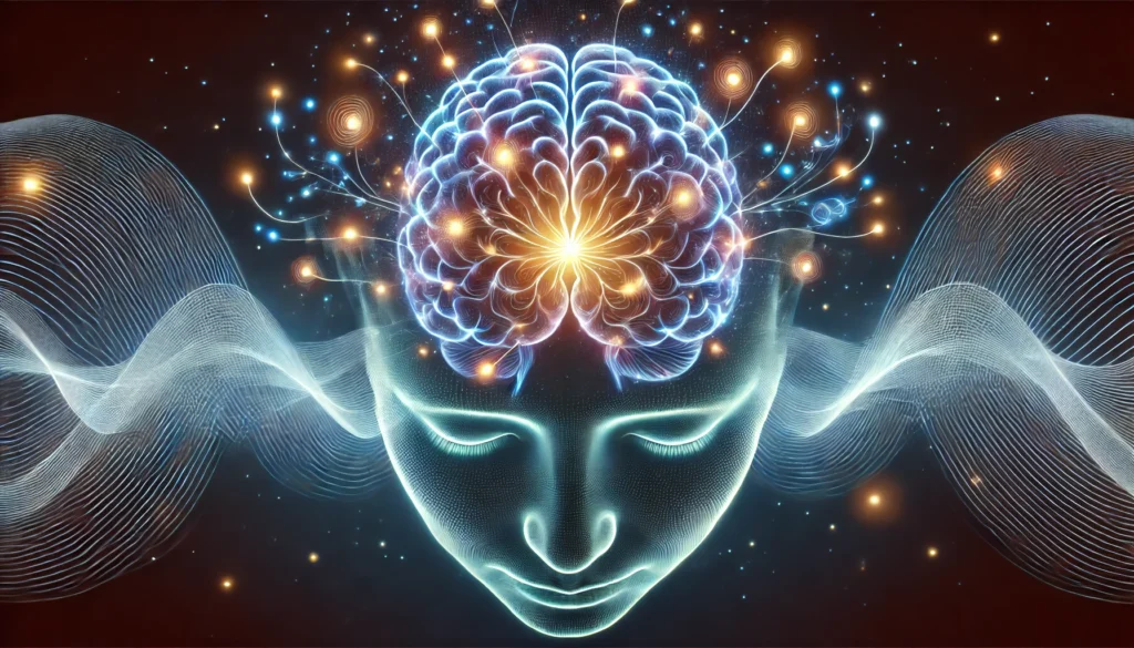 An artistic depiction of a brain in a deeply relaxed state, with glowing neural pathways and gentle waves of light symbolizing the connection between the subconscious mind and sleep. The image emphasizes tranquility and the science of hypnosis.