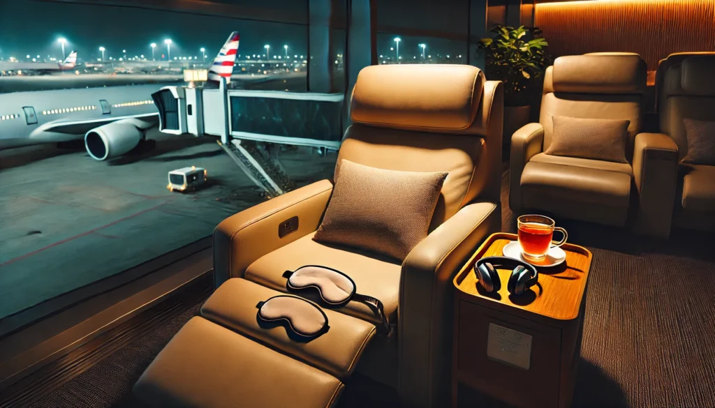 A nighttime airport lounge scene with a comfortable recliner, a cup of herbal tea, a sleep mask, and noise-canceling headphones on a small table, illuminated by soft, ambient lighting for a calming atmosphere.