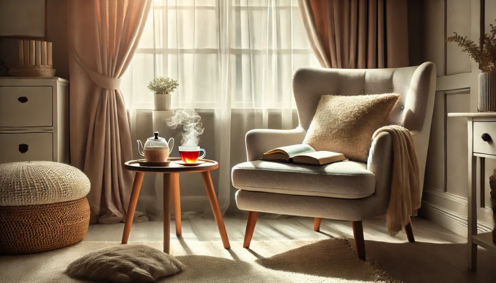 A peaceful home setting featuring a plush armchair near a large window with soft curtains. A side table holds a book and a steaming cup of tea, bathed in gentle natural light, creating a serene environment perfect for winding down before sleep.