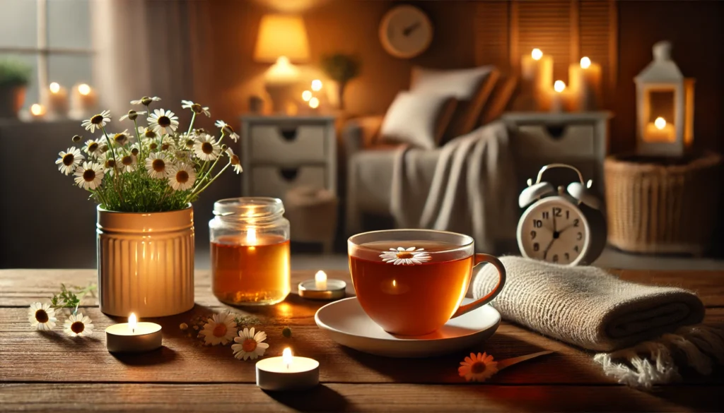 A peaceful evening scene featuring a cup of chamomile tea on a wooden table beside a softly glowing candle. The cozy room ambiance with dim lighting promotes relaxation and preparation for restful core sleep.