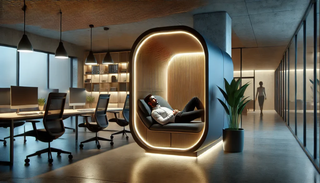 A quiet modern office space featuring a nap pod with dim lighting, where a person is reclining. The setting highlights workplace adaptations for supporting daytime napping and employee well-being.