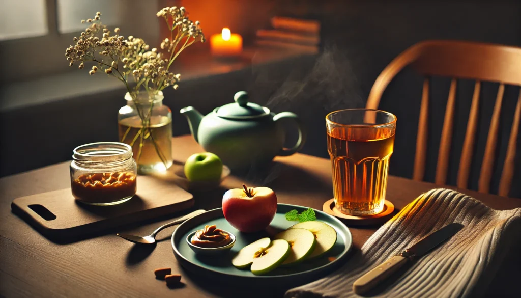 A serene nighttime dining table with a plate of apple slices, a side of peanut butter for dipping, and a glass of warm herbal tea, softly illuminated to promote comfort and relaxation before sleep.