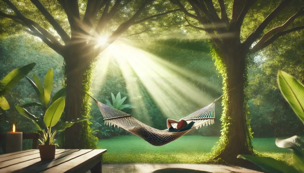 A tranquil outdoor setting featuring a person reclining in a hammock under the shade of trees, with dappled sunlight filtering through the leaves, embodying peace and relaxation to mitigate sleep twitching.