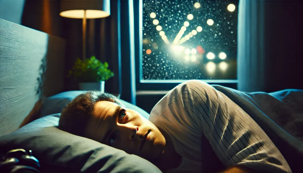 A tired young man lying awake in bed at night, staring at the ceiling with a distant expression. The dimly lit room is illuminated by soft streetlight filtering through window blinds, emphasizing insomnia and emotional exhaustion, highlighting the effects of sleep deprivation on mental health.