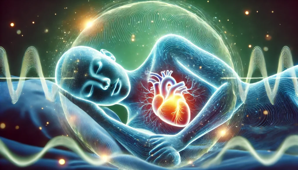 A serene visualization of the human body during deep sleep, featuring glowing abstract waves around the heart and brain to represent healing and restoration. The calming blue and green tones emphasize tranquility, with no text included.