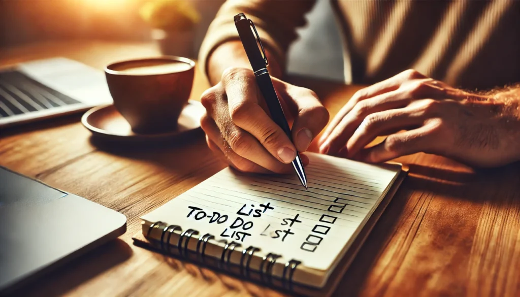 A person writing a to-do list on a notepad, demonstrating the effectiveness of planning and note-taking to prevent forgetting things. The well-lit workspace and coffee cup symbolize focus and organization