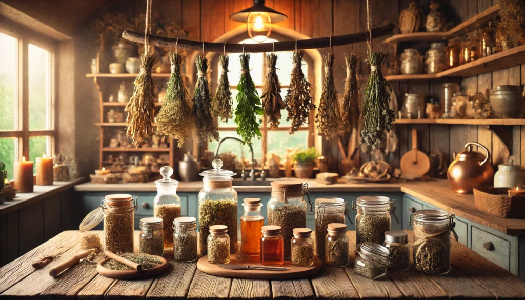 A rustic farmhouse kitchen with dried herbs hanging from a wooden rack, jars of herbal teas and remedies on a wooden countertop, and soft warm lighting, emphasizing natural sleep aids.