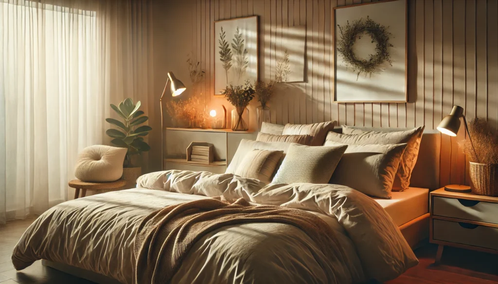 What's the difference between 7 vs 8 hours of sleep? This image shows a tranquil bedroom featuring soft ambient lighting, a cozy bed adorned with fluffy pillows and a warm comforter. The setting is accentuated by minimalist decor and natural elements like green indoor plants, creating a calming and restful environment ideal for promoting quality sleep.