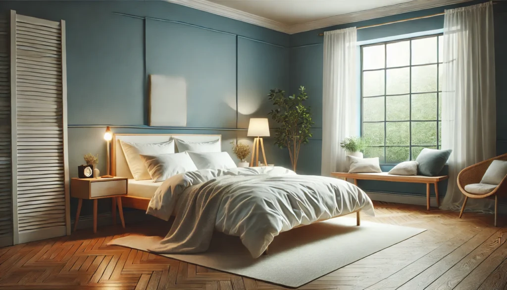 A serene bedroom environment optimized for sleep, featuring a neatly made bed with white linens, calming blue walls, natural wooden furniture, a bedside lamp, and diffused natural light creating a cozy atmosphere for rest.