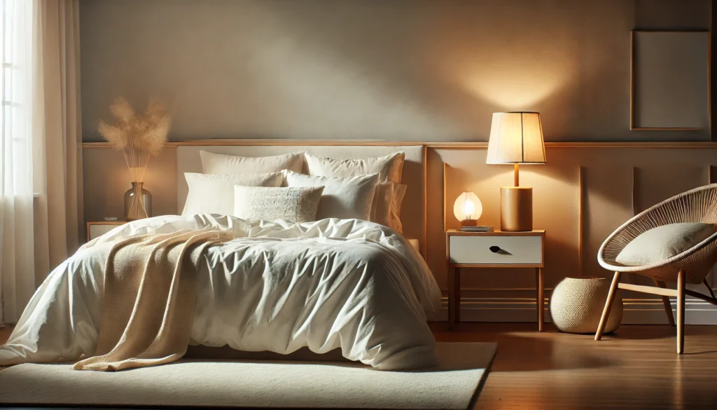 A tranquil bedroom with a soft, neutral color palette, showcasing a neatly made bed with white and beige bedding, a wooden nightstand with a softly glowing lamp. The serene setting emphasizes relaxation and mental rejuvenation, ideal for exploring the psychological aspects of sleep, free of text or overlays.