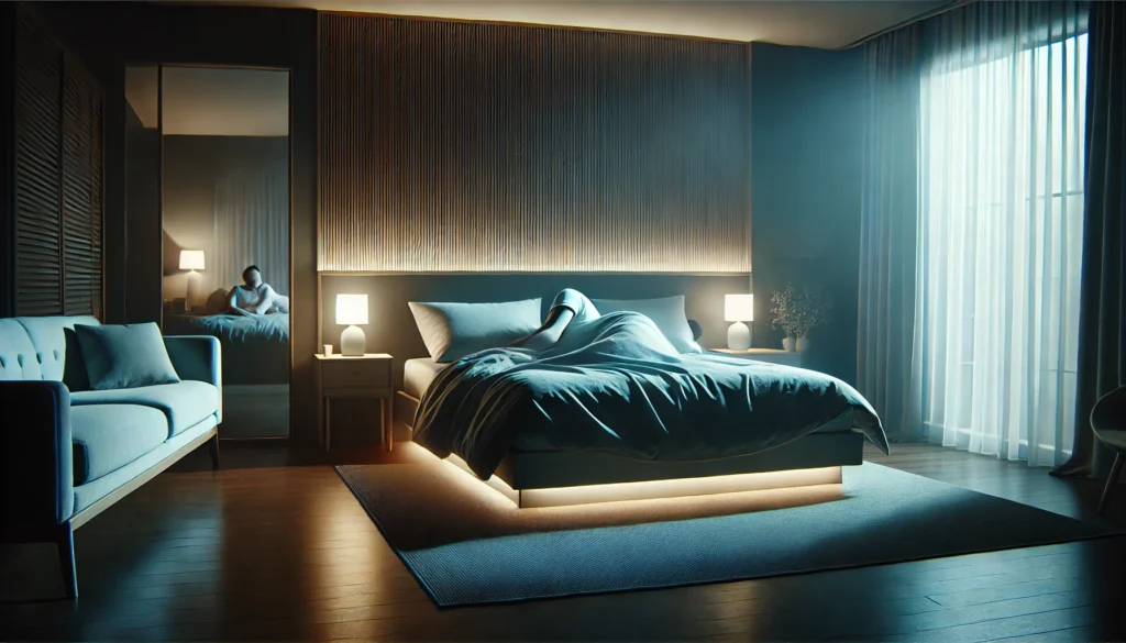 A calm nighttime bedroom scene with a person sleeping peacefully on a comfortable bed, surrounded by dim ambient lighting and a tidy, uncluttered environment, highlighting the importance of sleep hygiene for restful sleep.