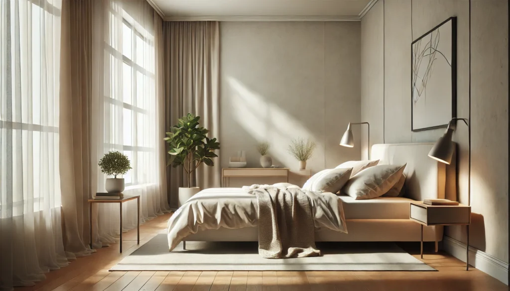 A serene bedroom designed for restful sleep, featuring a minimalist aesthetic with a comfortable bed, soft neutral tones, indoor plants, a bedside table with a lamp, and natural light filtering through large windows.