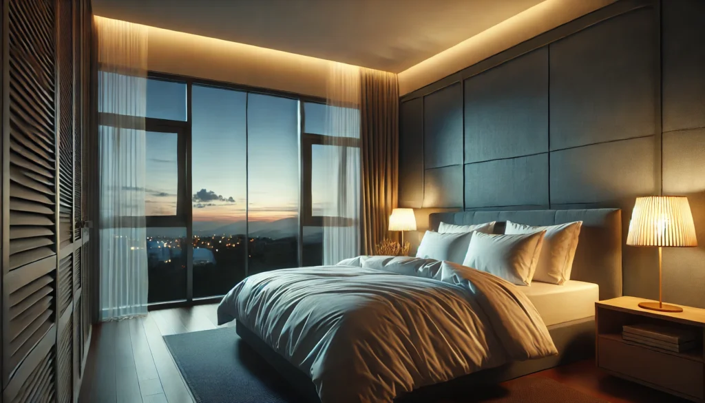 A tranquil bedroom scene at dusk with soft ambient lighting, a neatly made bed, and a large window revealing the evening sky. The room exudes calmness and relaxation, emphasizing the importance of a peaceful sleep environment.