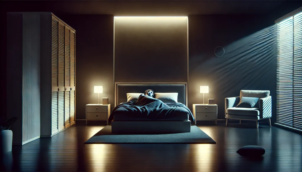 A peaceful bedroom at night featuring a person sleeping in a modern, minimalist setting. The dark, quiet room has soft lighting and a calming atmosphere, promoting high-quality sleep without electronic distractions.