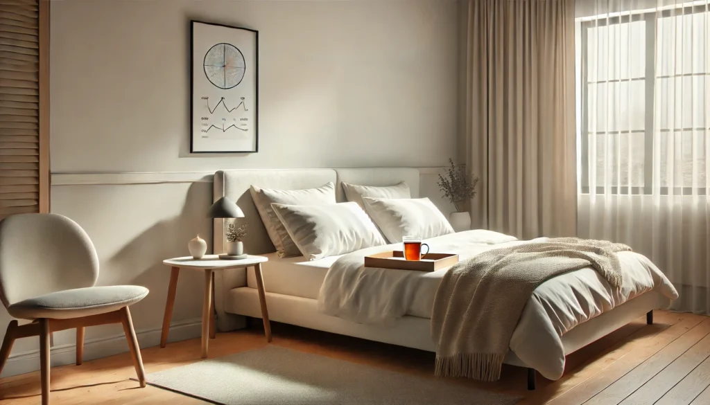 A serene bedroom designed for optimized polyphasic sleep, featuring a simple bed with soft linens and a side table holding a cup of herbal tea. The room is softly lit with blackout curtains to create a restful environment for short sleep cycles.