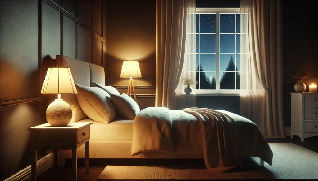 A serene bedroom with dim lighting, showcasing a cozy bed with soft bedding, a bedside lamp casting a warm glow, and a window slightly open to reveal a tranquil night sky. The atmosphere is calm and conducive to restful sleep.