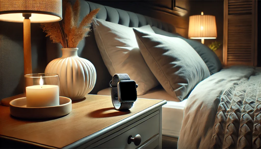 A tranquil bedroom scene featuring a cozy bed with soft pillows and warm ambient lighting. On the bedside table rests an Apple Watch with a blank black screen, subtly symbolizing sleep tracking technology. The modern setting highlights relaxation and restful sleep.