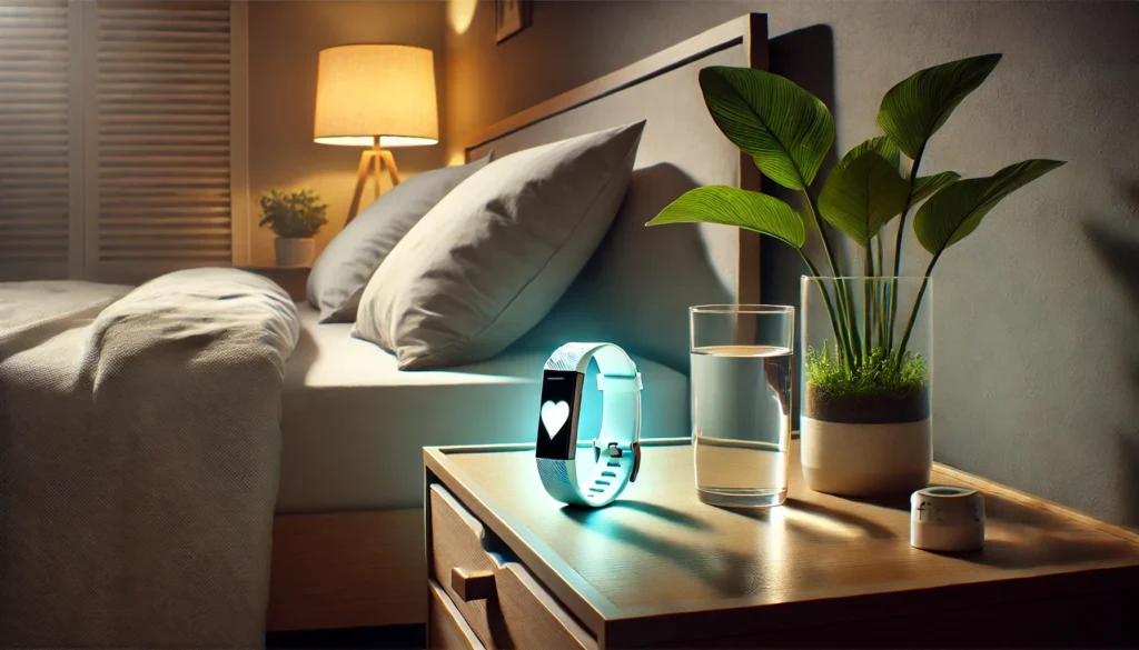 A tranquil bedroom featuring a glowing smart sleep tracking device on a nightstand, accompanied by a plant and a glass of water. The room has soft ambient lighting, a neatly arranged bed, and a minimalist wall clock with a heart symbol at its center, emphasizing a peaceful and modern wellness atmosphere without any logos or branding.