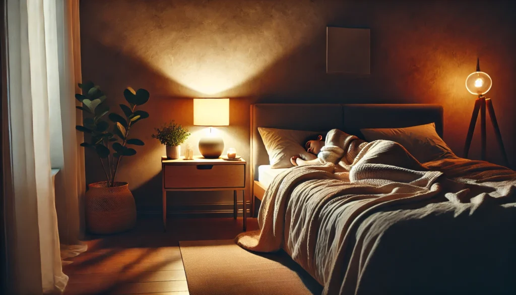 A tranquil bedroom scene with dim, warm lighting, a cozy bed covered in soft blankets, a wooden bedside table with a glowing lamp and a small plant, creating a serene and relaxing environment perfect for restful sleep.