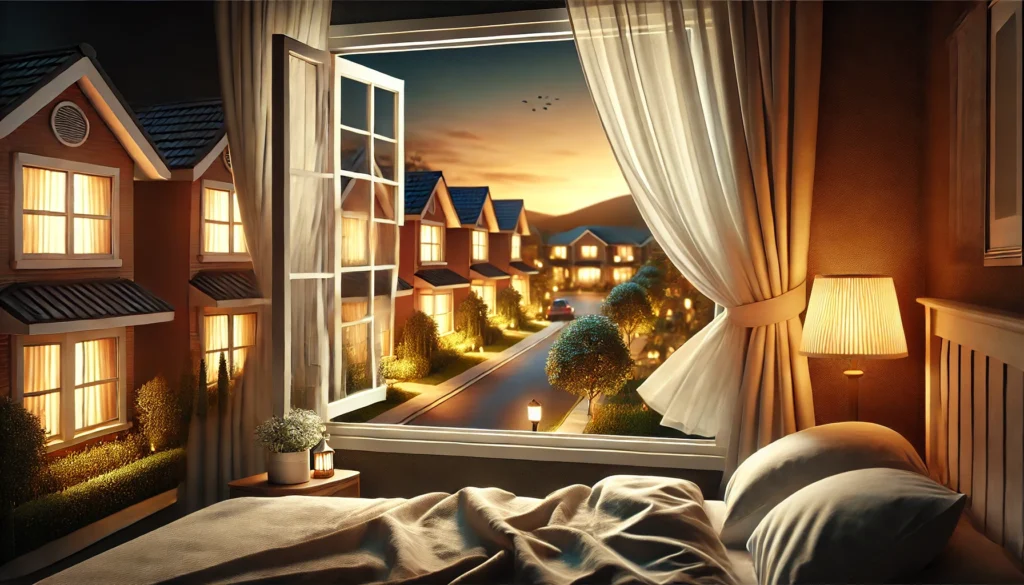 A peaceful outdoor view of a neighborhood at dusk, featuring an open window with curtains gently fluttering in the breeze. Warm lighting creates a calming atmosphere, ideal for preparing for a restful sleep.