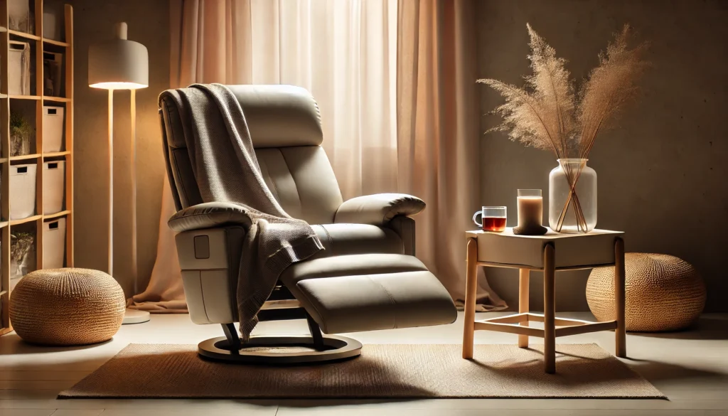 A serene minimalist living room with a comfortable recliner chair, soft lighting, a cozy throw blanket, and a nearby side table with a cup of herbal tea, creating a peaceful atmosphere ideal for short naps or relaxation.