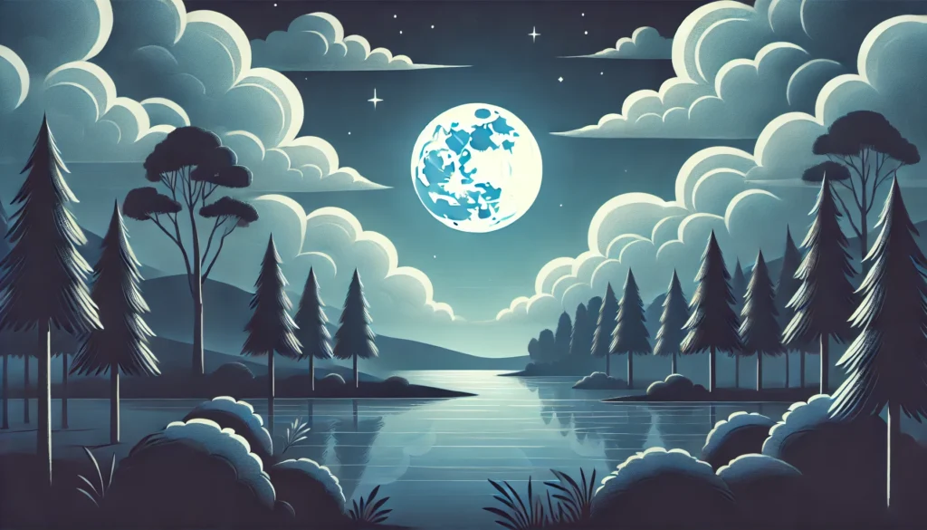 A calm nighttime scene featuring a moonlit sky with soft clouds, a tranquil lake surrounded by trees, and a peaceful ambiance promoting relaxation and restful sleep.