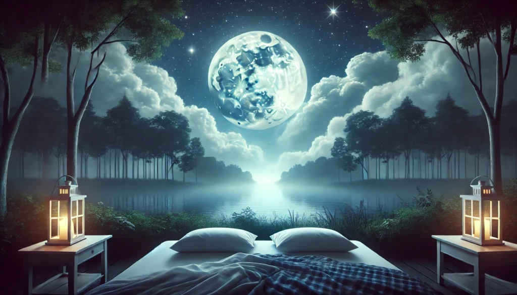 A text-free tranquil nighttime scene outdoors, featuring a peaceful moonlit sky with soft clouds, shimmering stars, and a gentle glow reflecting on a calm lake surrounded by trees, evoking harmony and relaxation associated with restful sleep.